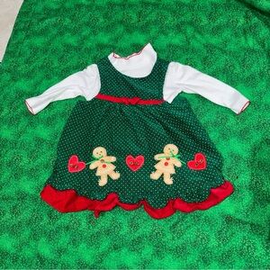 CHRISTMAS Girls Corduroy Jumper Dress Gingerbread Family Green Size 18m